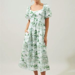 Sugarlips Francine Toile Lullaby Puff Sleeve Midi Dress